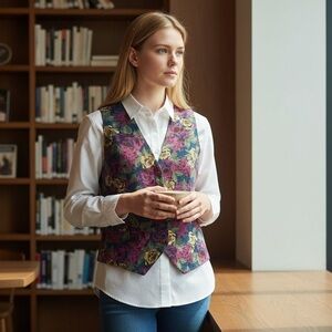 Vintage Pendleton Navy Background Flowers Satin Tie Back Vest Size Medium